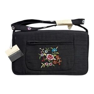 Liz Claiborne Black Embroidered Floral Crossbody Bag Vintage New With Tags